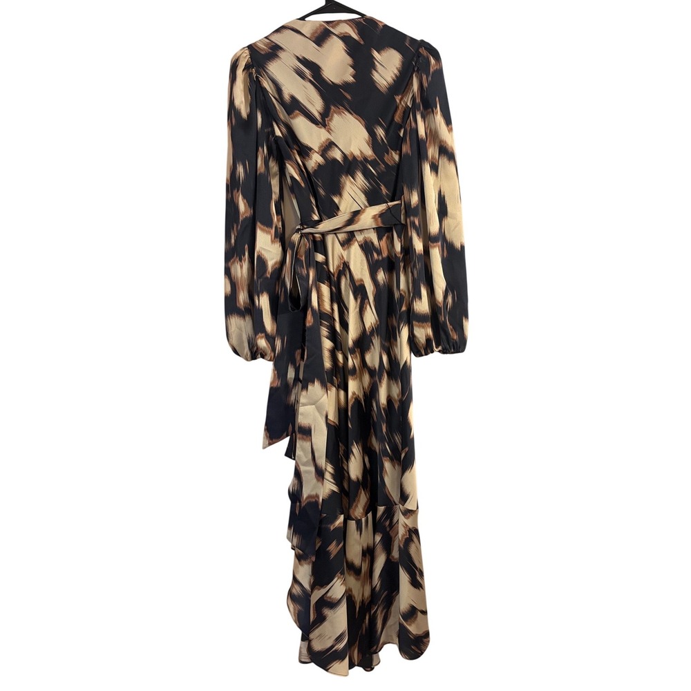 Tanya Taylor Abstract Print Wrap Midi Dress Long Puff Sleeve Ruffle Hem Size 6 - Picture 4 of 9